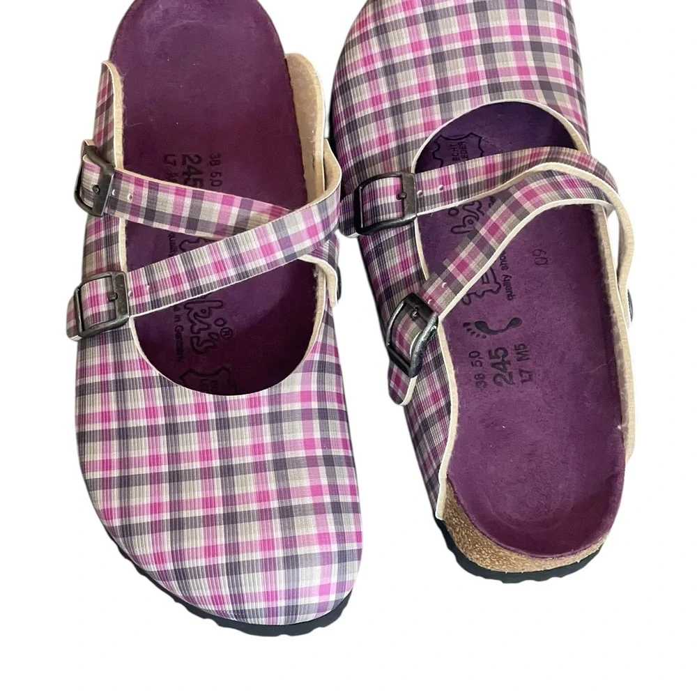 Birkenstock Birkis Dorian Check Lilac Gray Slip On Clog Mules Size 7